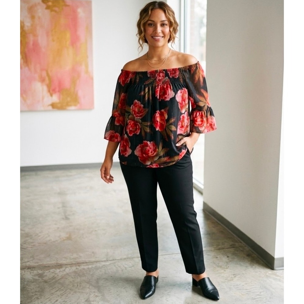 ANA A New Approach Floral Off The Shoulder Blouse XL Black Red Metallic Ruffle